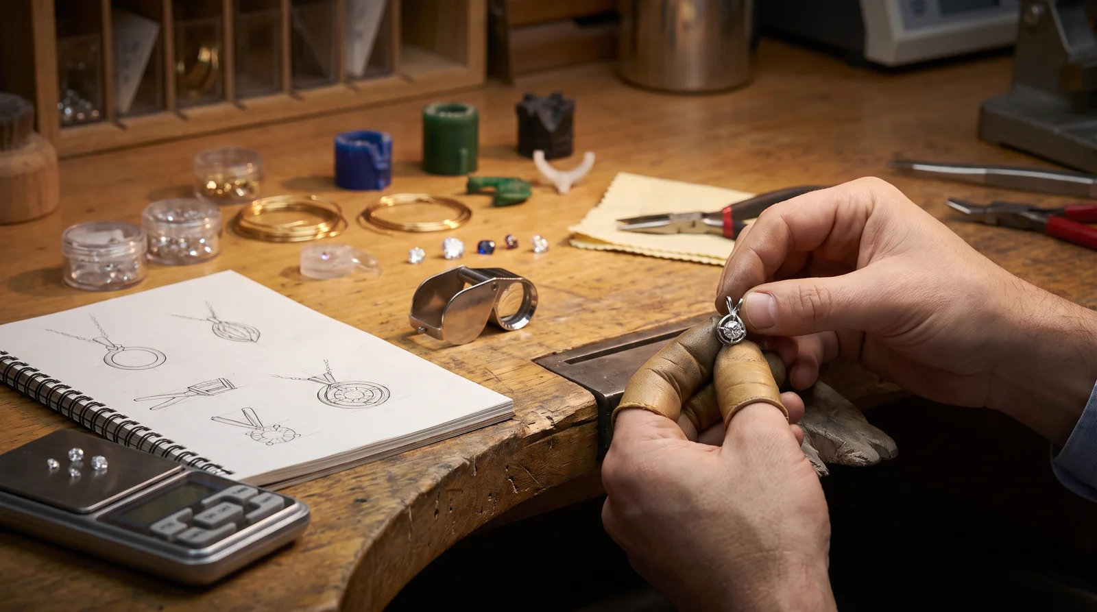 Jeweler calculating cost to reset diamond into pendant while examining loose diamond and setting options