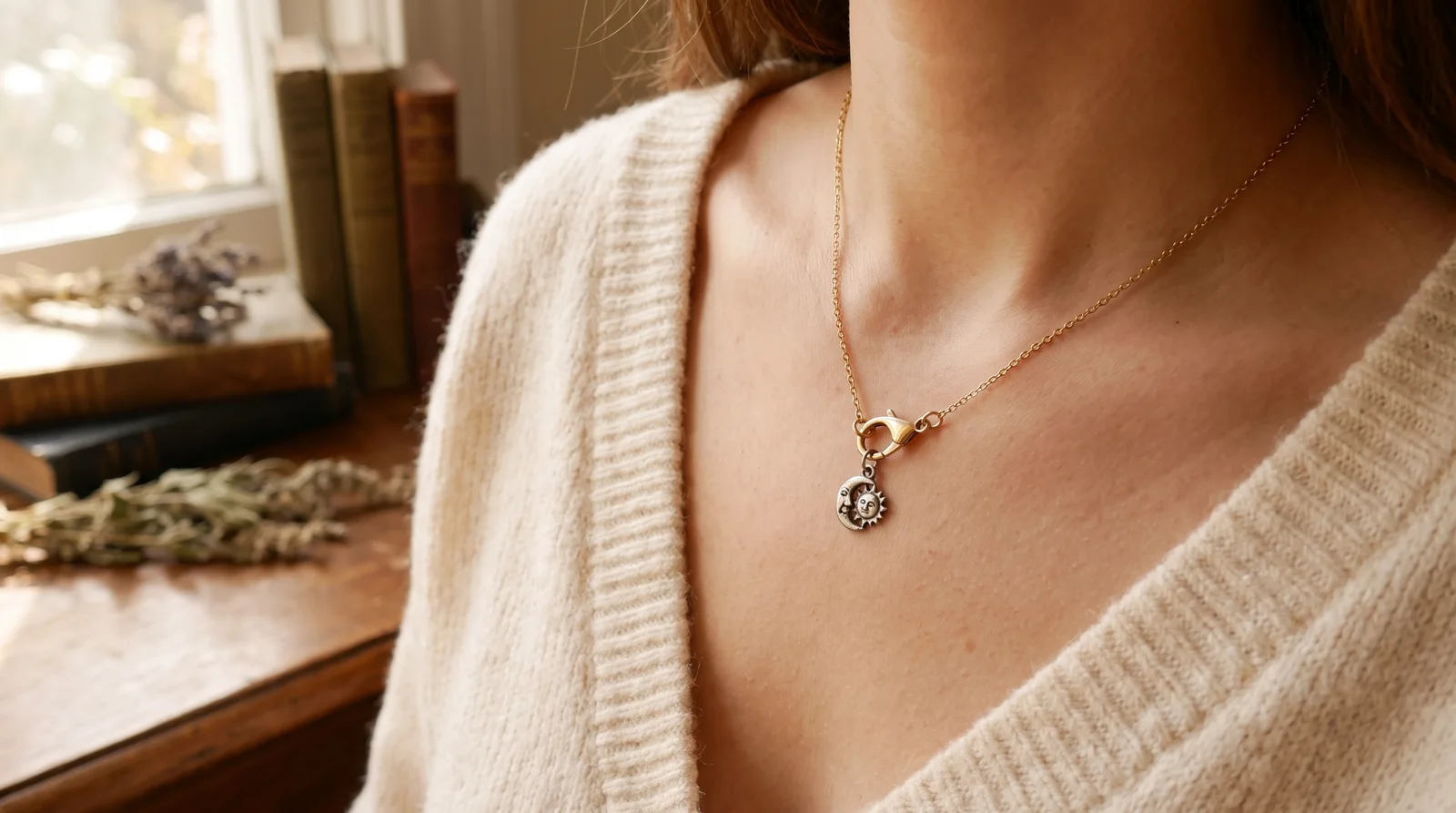 Woman checking why her necklace clasp moves to the front, illustrating folklore superstition meanings