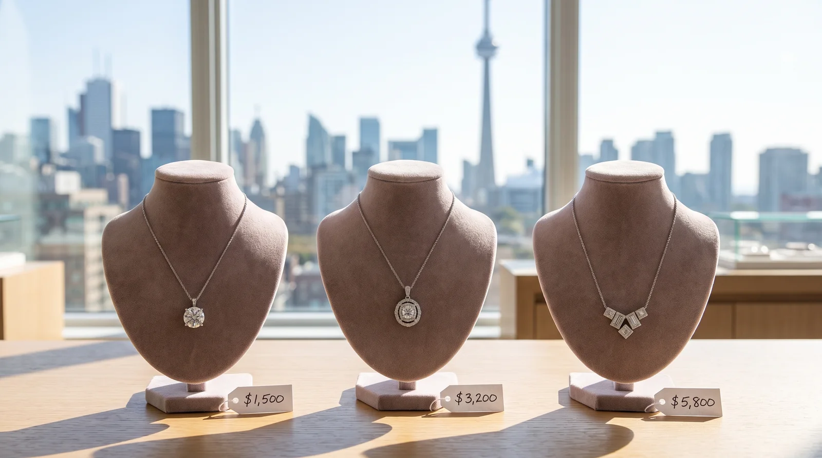 Custom diamond pendant cost Toronto comparison chart showing various necklace styles and price ranges