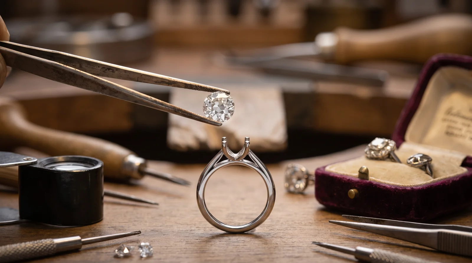 Jeweler safely resetting an heirloom diamond ring from antique mount into a new custom setting