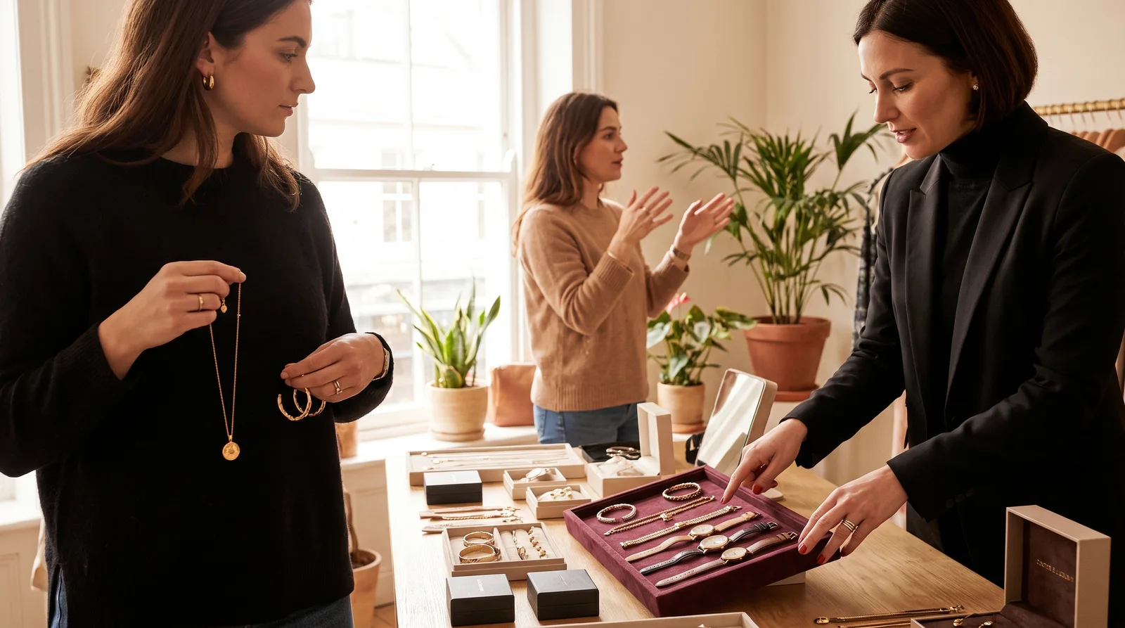 Guide to how to choose jewelry for a gift, showing adjustable rings, bracelets, and a sizing chart