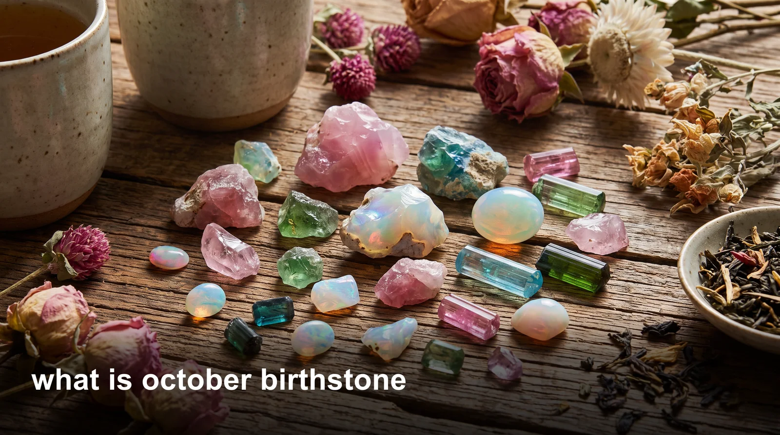 October birthstone opal and pink tourmaline gemstones displayed side by side on a neutral background
