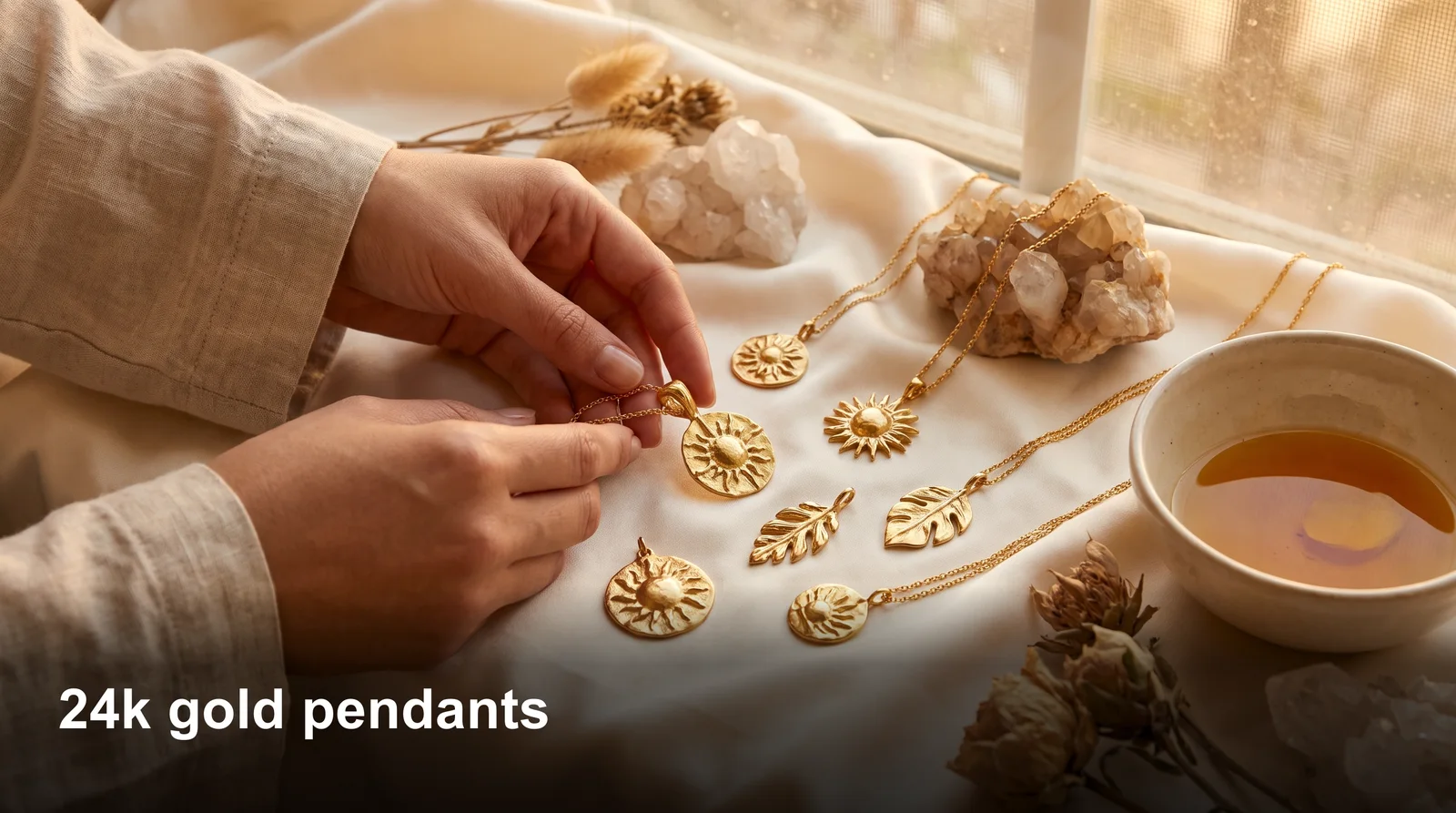 24k gold pendants close-up showing soft pure gold surface prone to scratches, bends, and dents within the first year