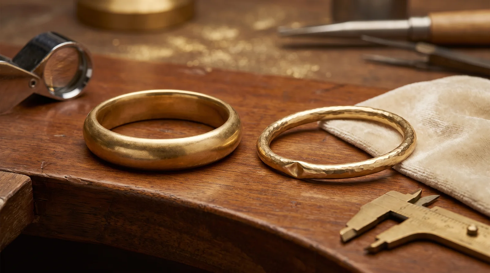 Solid gold bangle next to a dented hollow gold bangle, showing whether a dented hollow gold bangle can be repaired