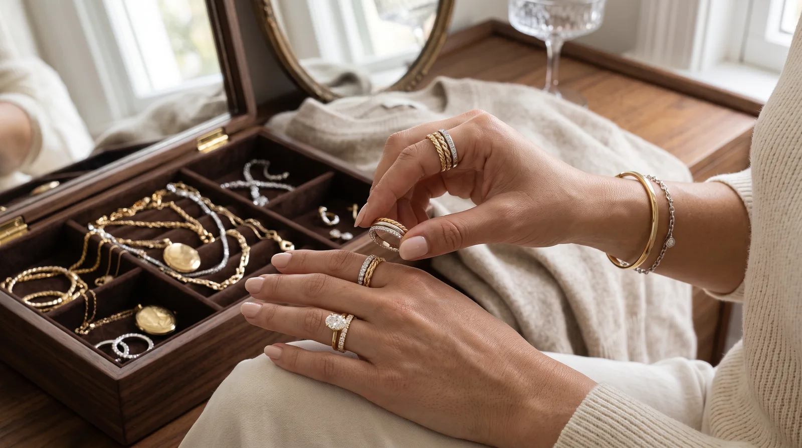 White and yellow gold rings stacked together, answering can you wear white gold and yellow gold together