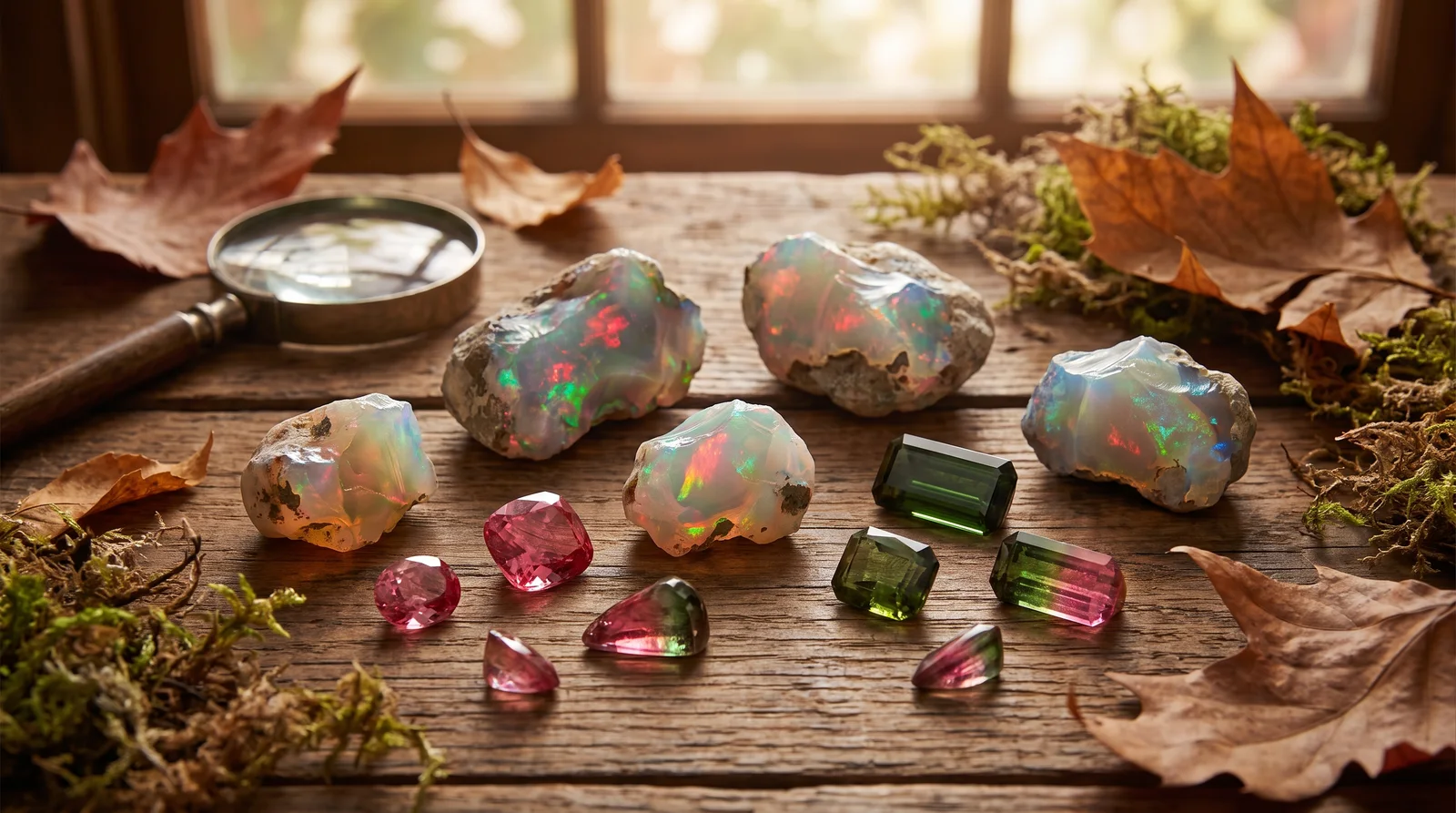 October birthstone gemstones opal and tourmaline displaying multicolor hues in various jewelry settings