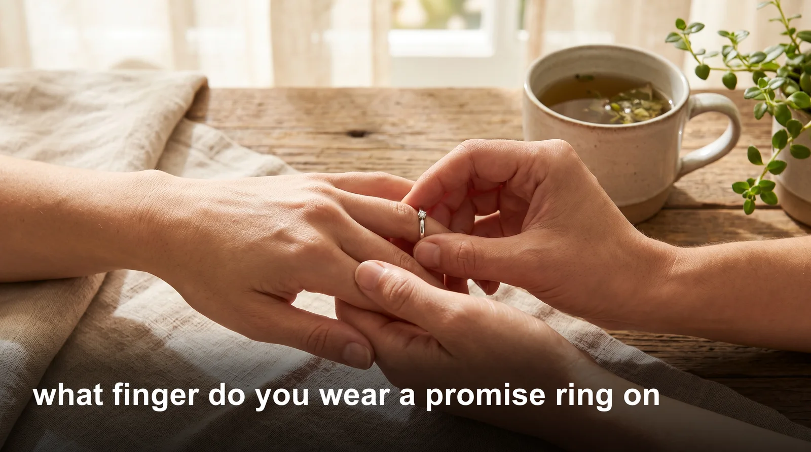 Woman wearing a promise ring on her right hand ring finger, illustrating what finger you wear a promise ring on