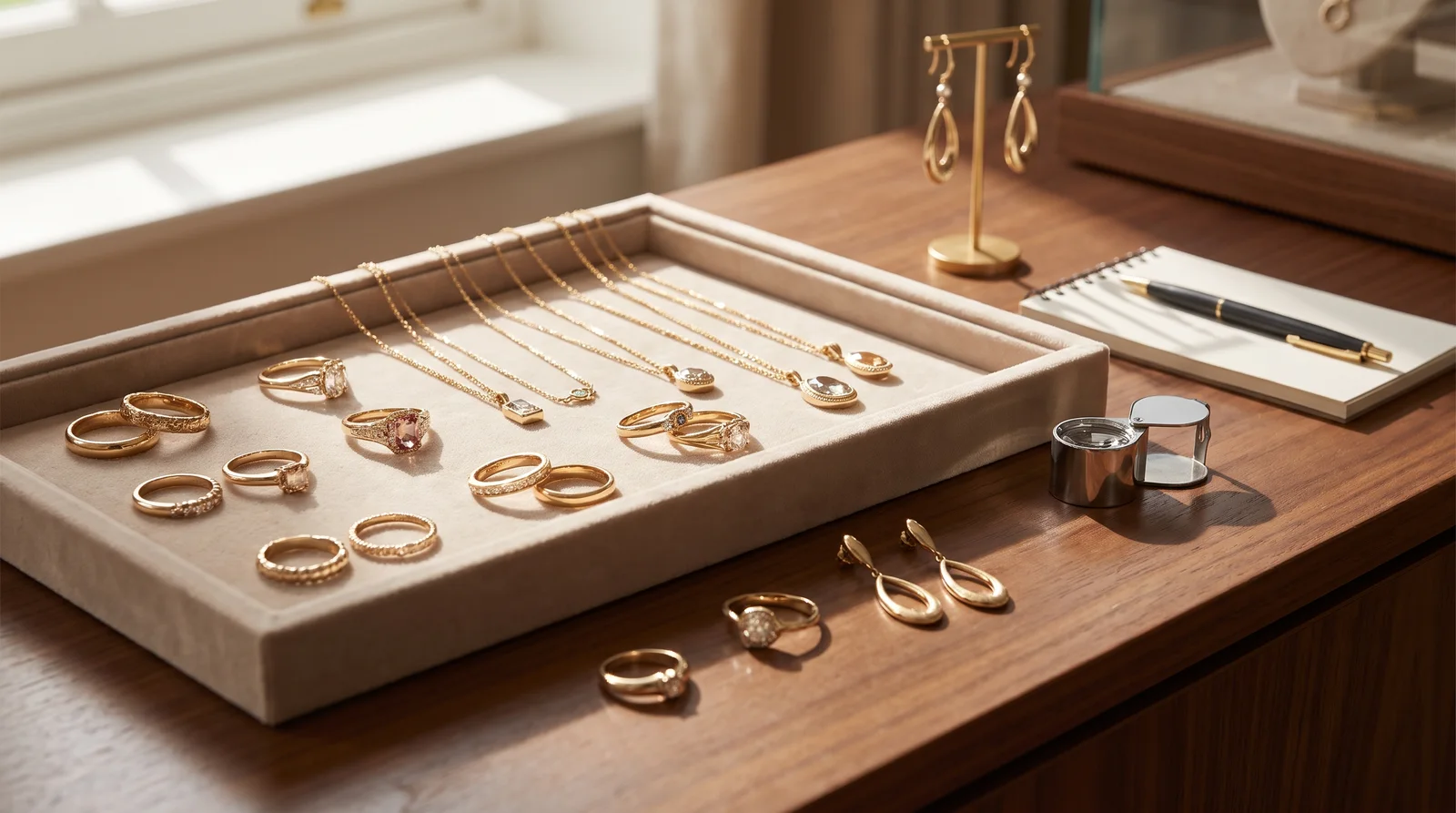 Solid gold jewelry collection featuring rings, necklaces, and earrings displayed on a jewelry stand