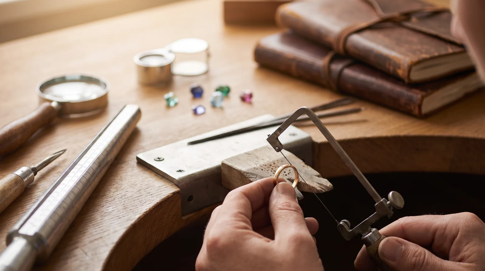 Jeweler measuring a gold ring on a sizing mandrel with tools, illustrating how many sizes can a ring be sized down safely
