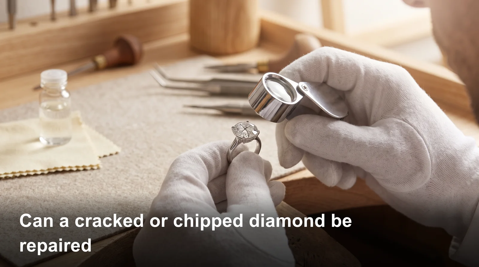 Jeweler inspecting a chipped diamond ring under magnification to determine if a chipped diamond can be repaired