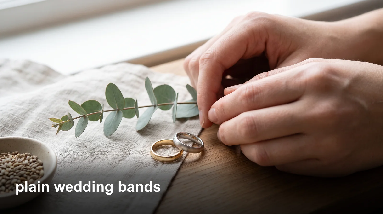 Simple plain wedding bands in gold and silver arranged together, showcasing minimalist ring designs for couples