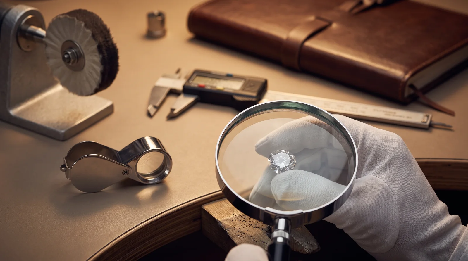Jeweler inspecting a chipped diamond ring under magnification to determine if a chipped diamond can be repaired