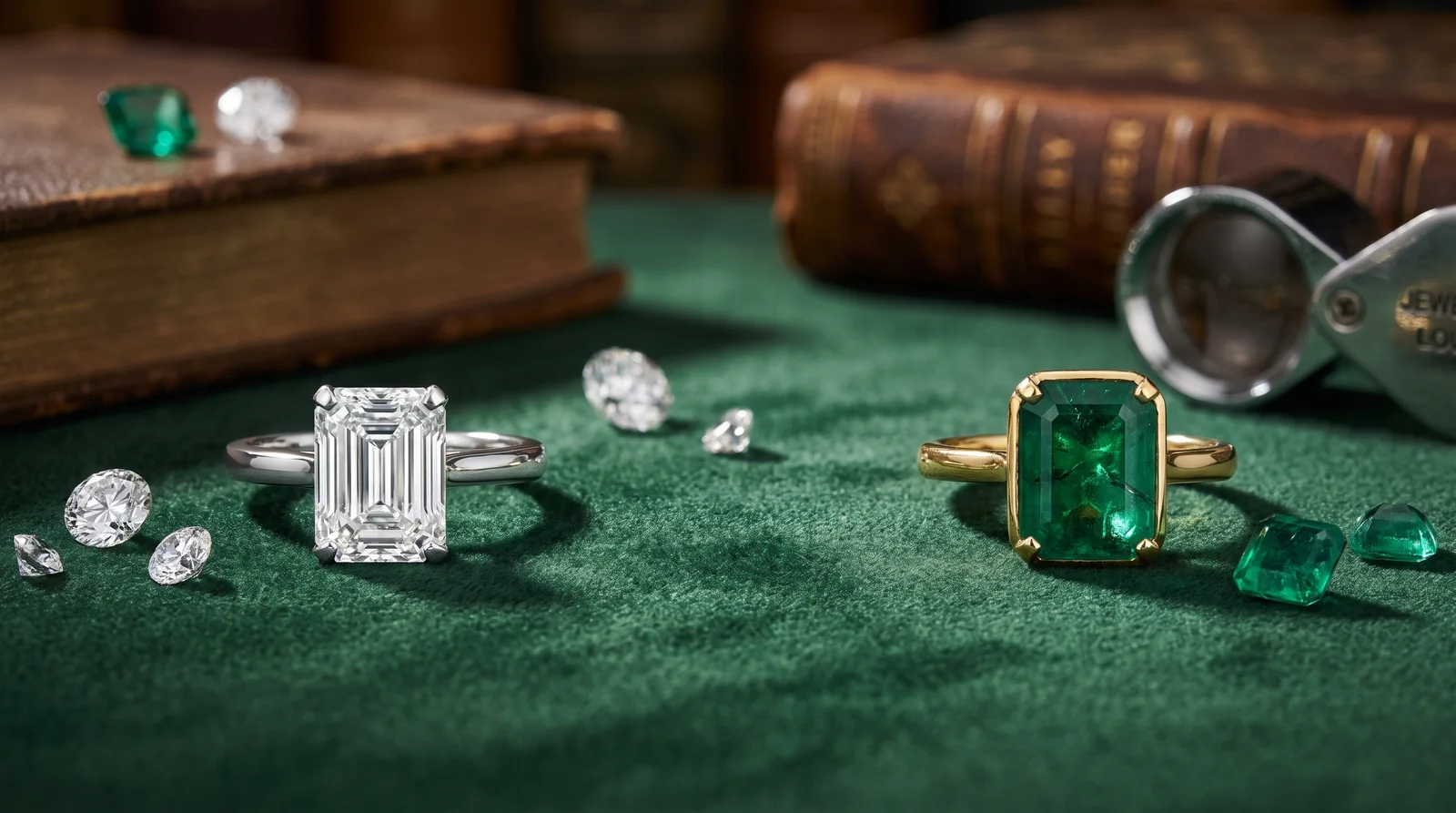 Emerald cut engagement rings compared with green emerald gemstones showing key diamond vs gemstone differences