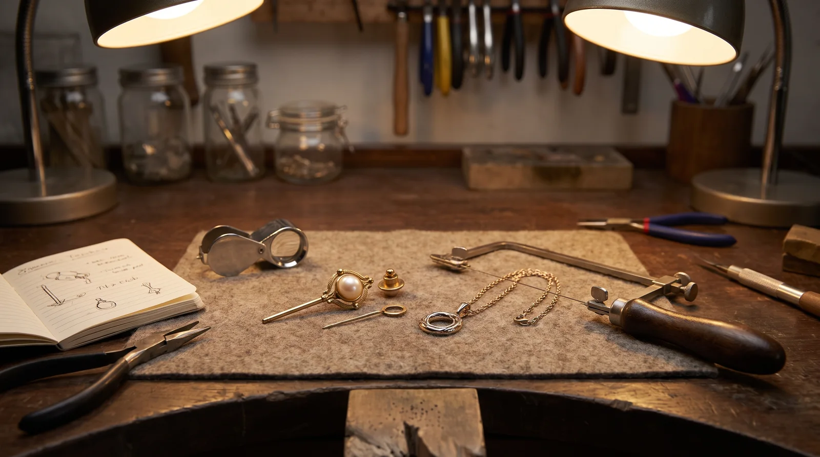 Jeweler turning a tie pin into pendant, showing cost and design steps for custom conversion