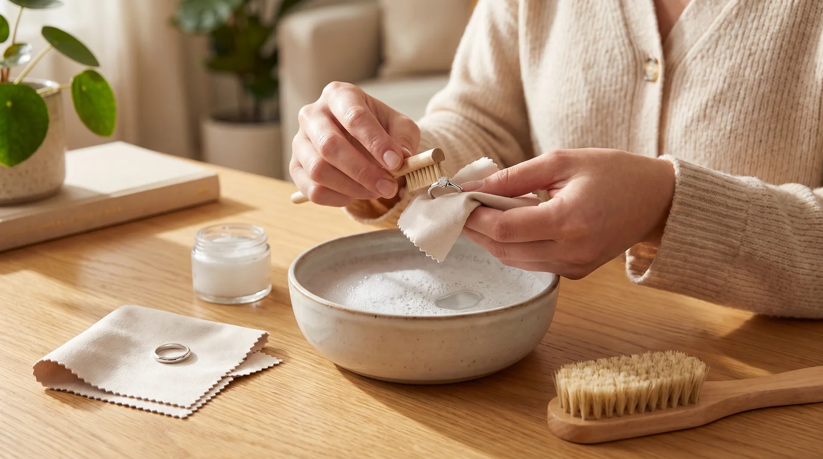 Woman polishing a promise ring, showing what finger do you wear a promise ring on for lasting care