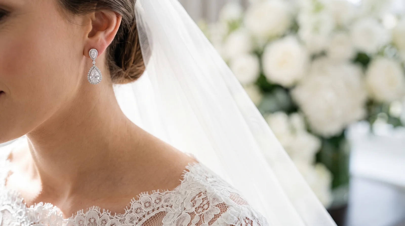 Bride wearing elegant diamond drop earrings paired with a wedding gown and soft bridal updo hairstyle