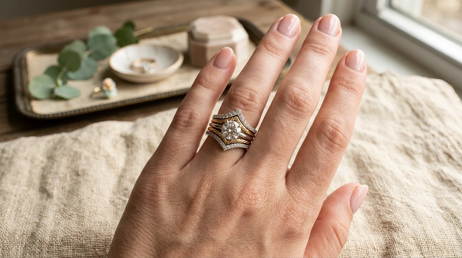 Curved contoured wedding band stacked with engagement ring, showing how to stack wedding and engagement rings