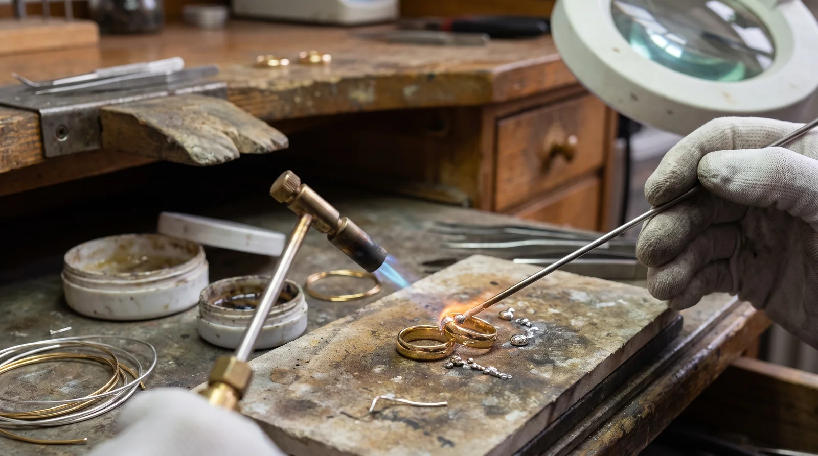 Jeweler soldering wedding band and engagement ring together, showing cost and process involved in ring soldering
