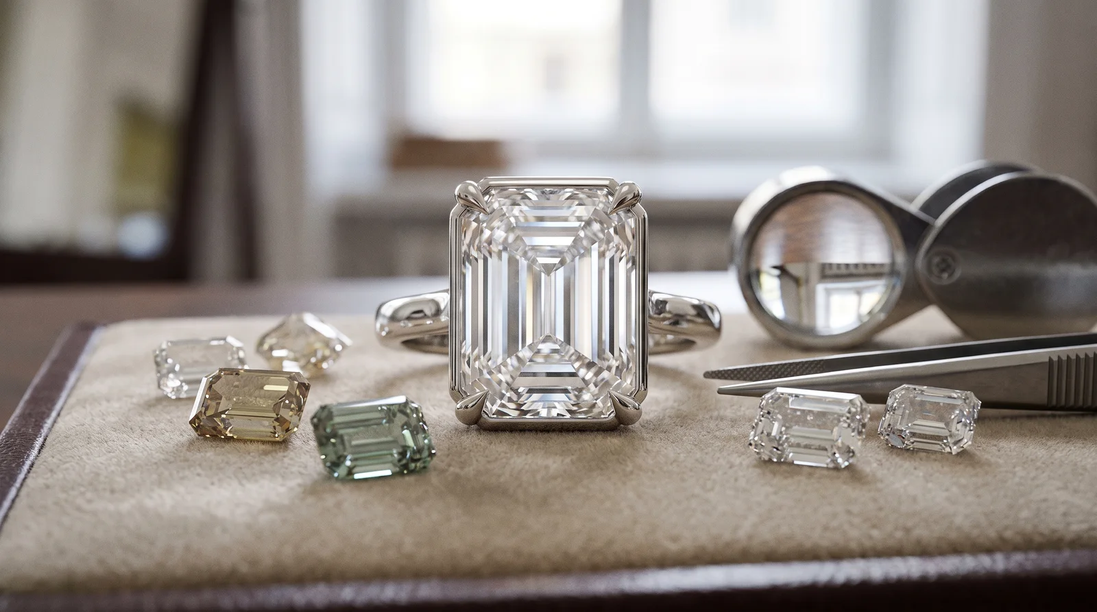 Emerald-cut diamond in a white gold engagement ring setting, showcasing white gold emerald cut engagement rings