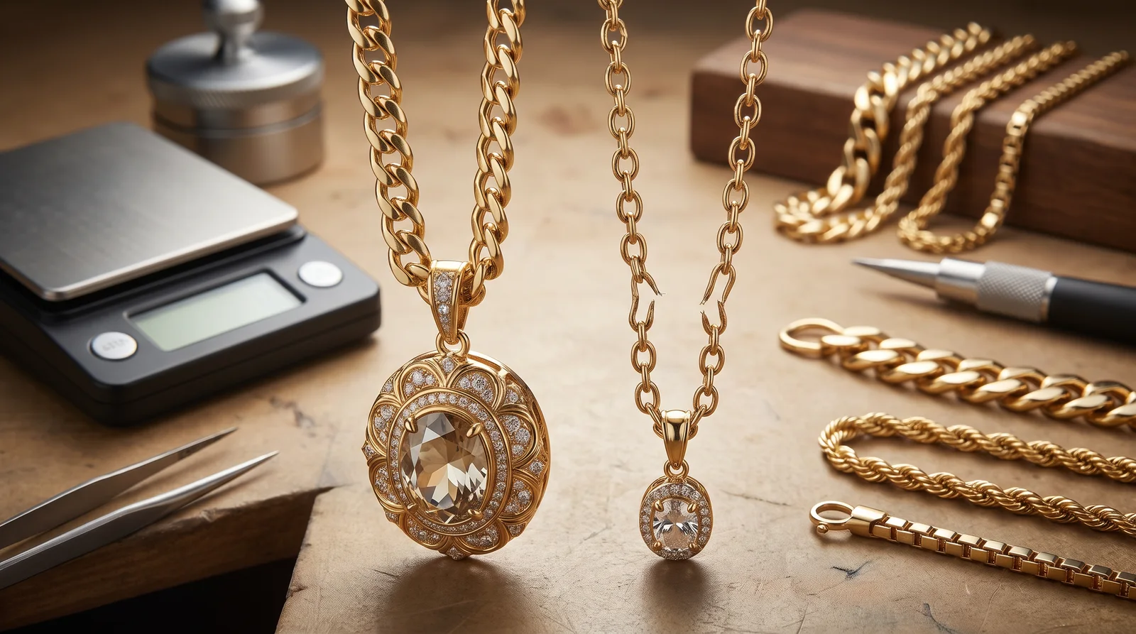 Solid vs hollow gold chain for pendant weight comparison showing durability and strength differences