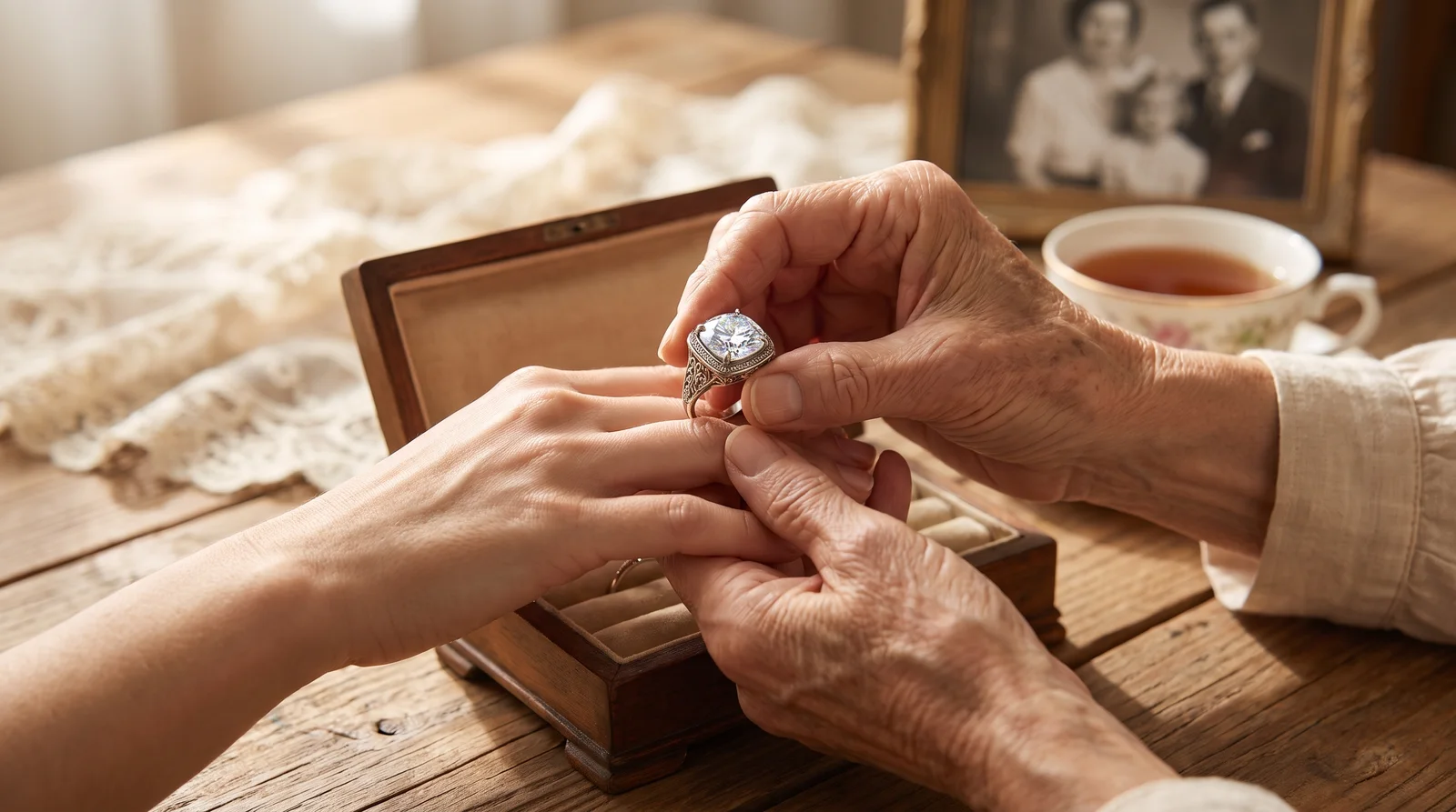 Heirloom ring box comparing lab diamond vs moissanite rings passed down through generations of a family