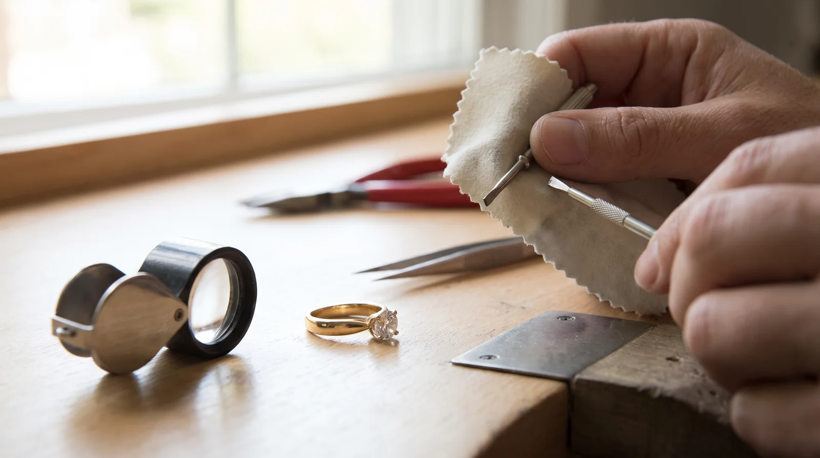 Jeweler examining a ring's prongs, checking signs your diamond is loose before tightening the setting