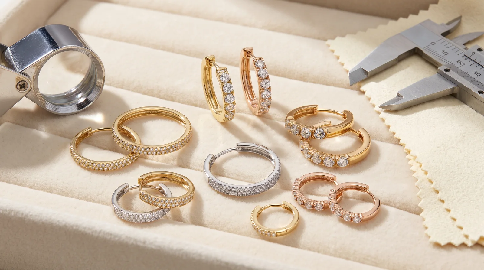 Gold diamond hoop earrings displayed with a jeweler's loupe for inspecting quality before buying