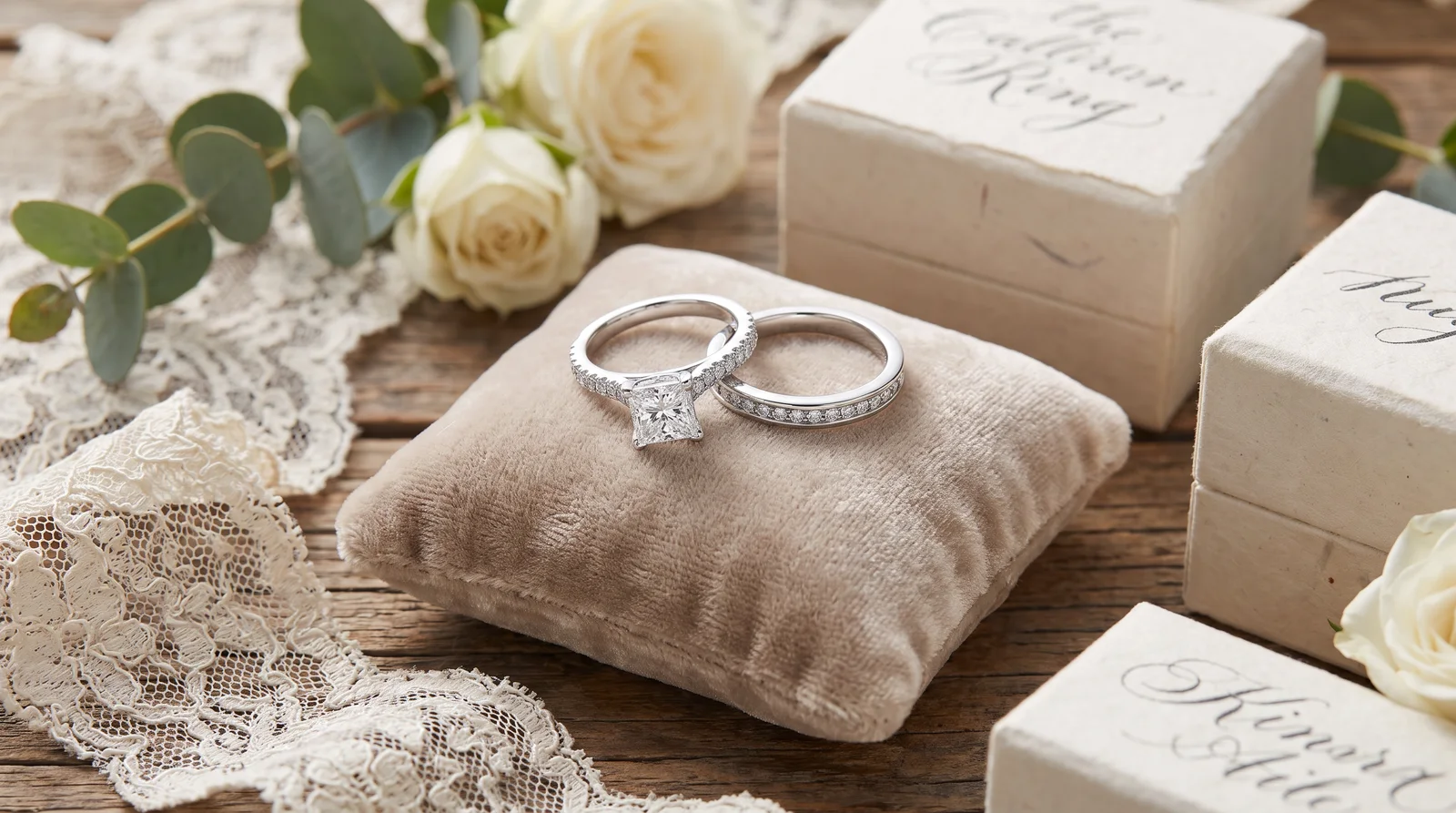 Princess cut engagement rings paired with matching wedding bands in a stacked bridal ring set
