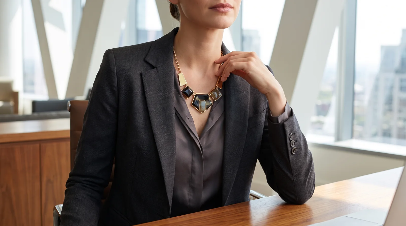 Woman styling a bold gold statement necklace over a blazer, showing how to wear a statement necklace at work