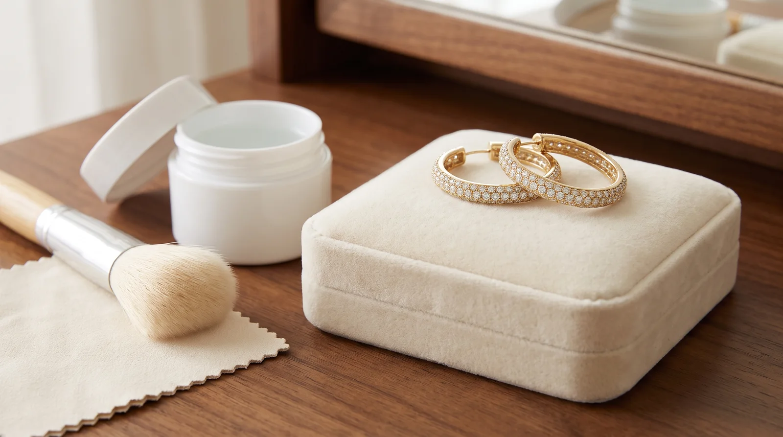 Diamond hoop earrings placed on a soft cloth with a polishing brush for long-term care and maintenance