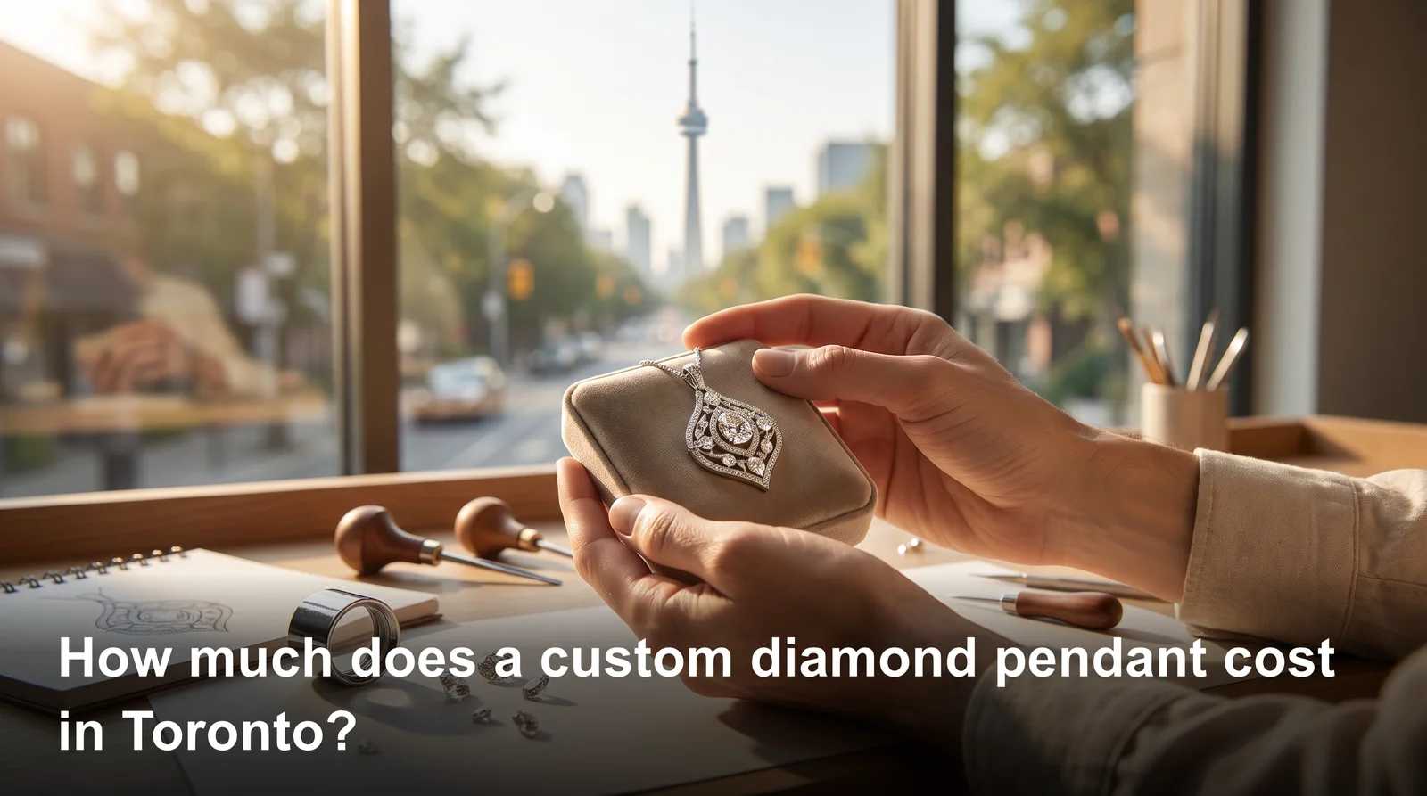 Custom diamond pendant cost Toronto guide showing a diamond pendant necklace with price breakdown by carat and metal