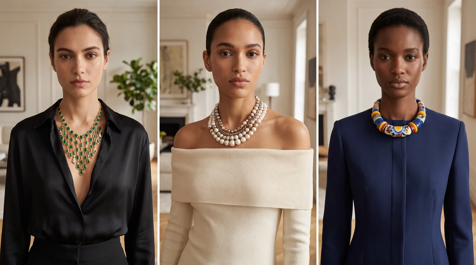 Guide showing how to wear a statement necklace with different necklines, from V-neck to off-shoulder styles