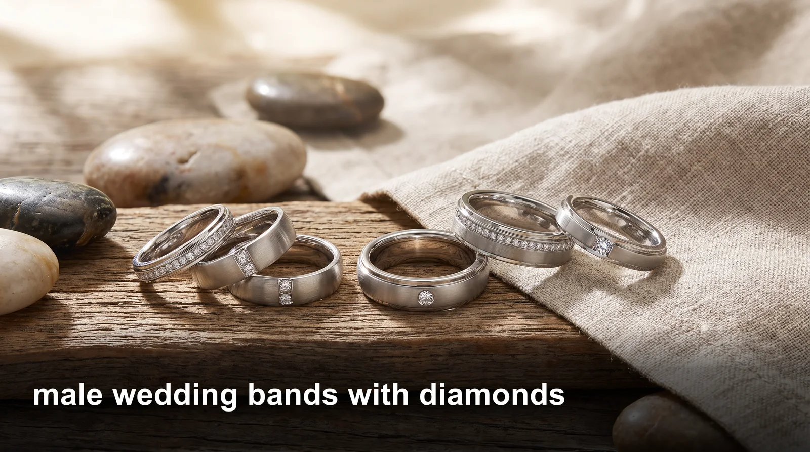 Men's diamond wedding bands in polished metal, showcasing channel-set stones on a groom's ring