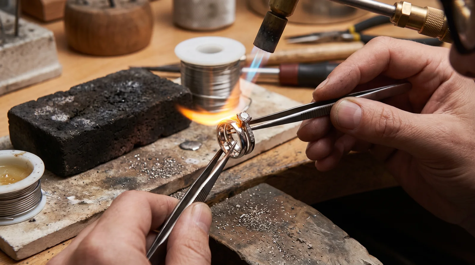 Jeweler soldering wedding band and engagement ring together, showing time and cost to solder rings