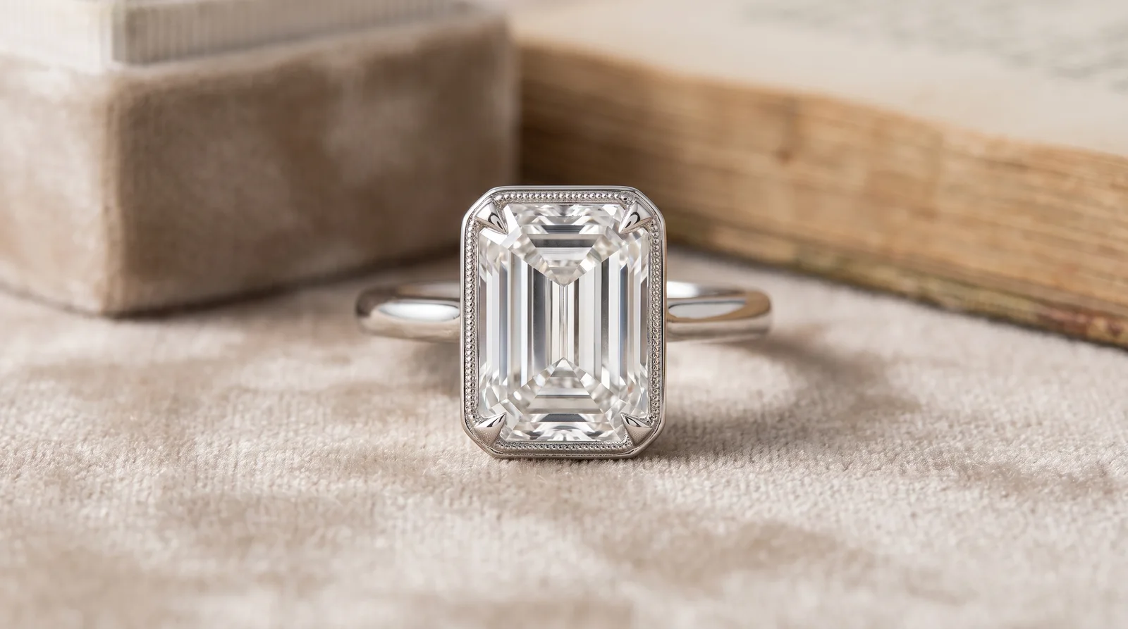 White gold emerald cut engagement rings with classic four-prong settings showcasing the stone's clean lines