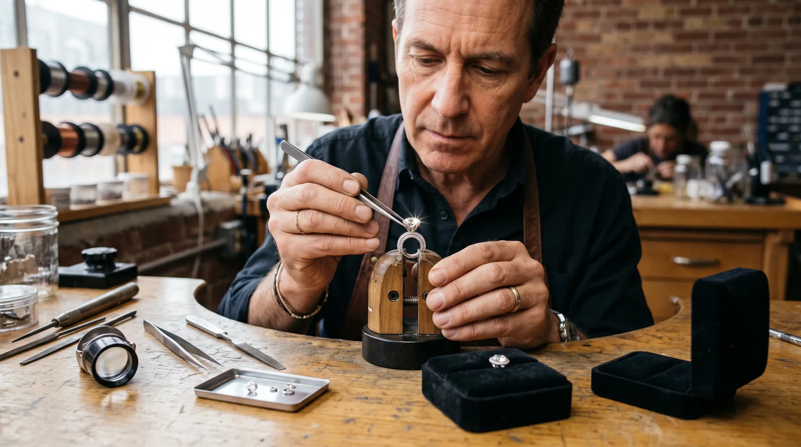 Jeweler comparing cost to reset diamond into pendant versus price tag of a brand-new diamond pendant