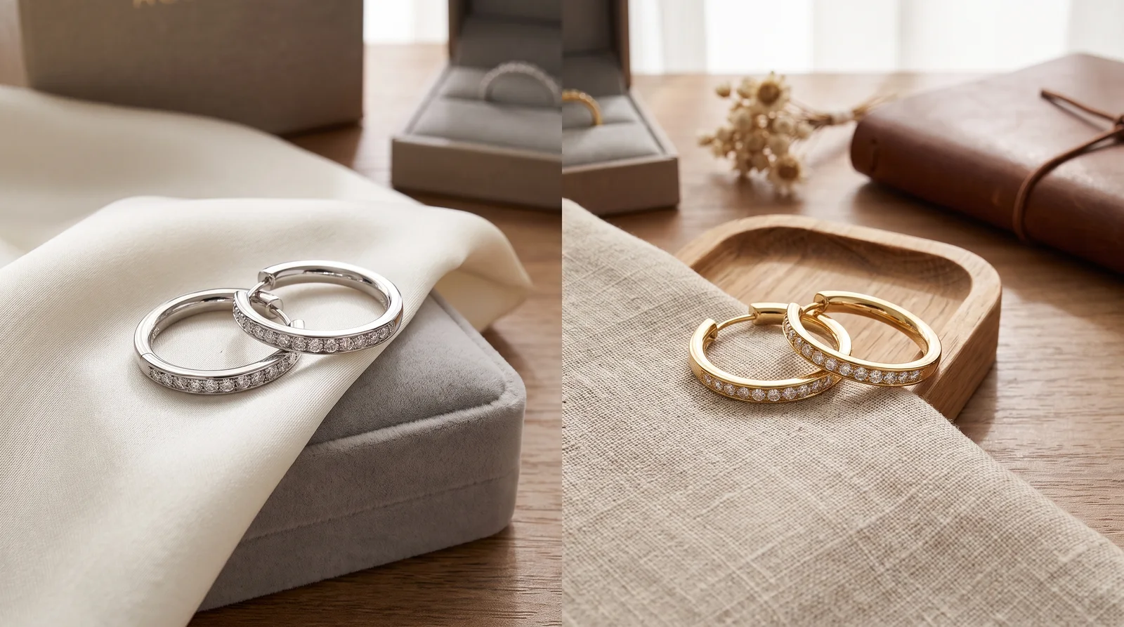 White gold and yellow gold diamond hoop earrings side by side for style comparison