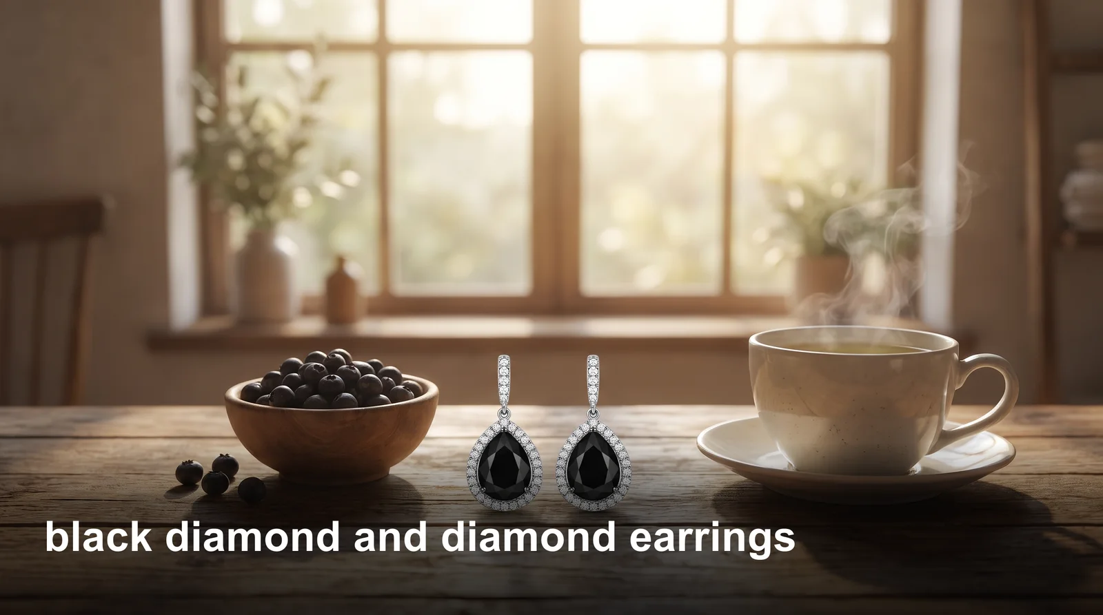 Black diamond earrings in bold stud and drop styles displayed against a neutral background