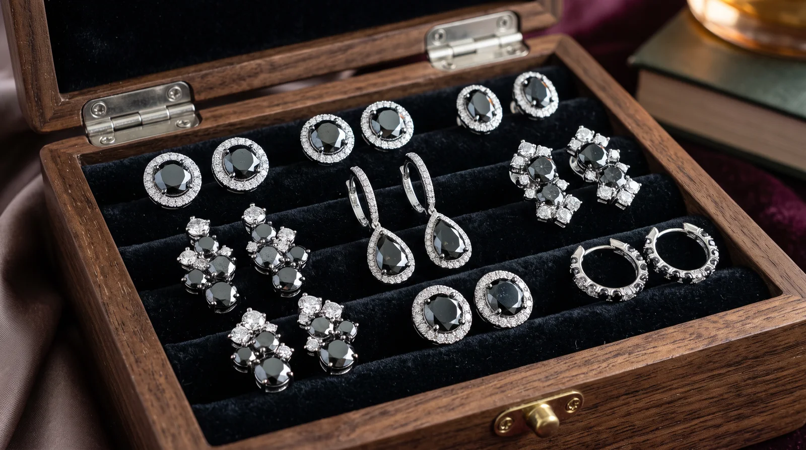 Black diamond earrings displayed with common questions answered about styles, care, and buying tips