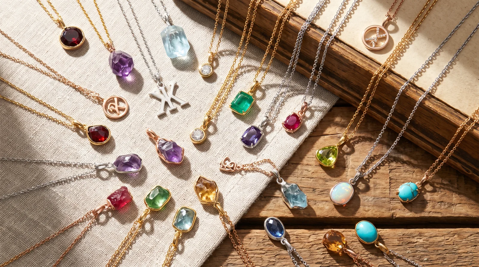 Birthstone necklace charms displayed together, showing colorful gemstone pendants answering common FAQs