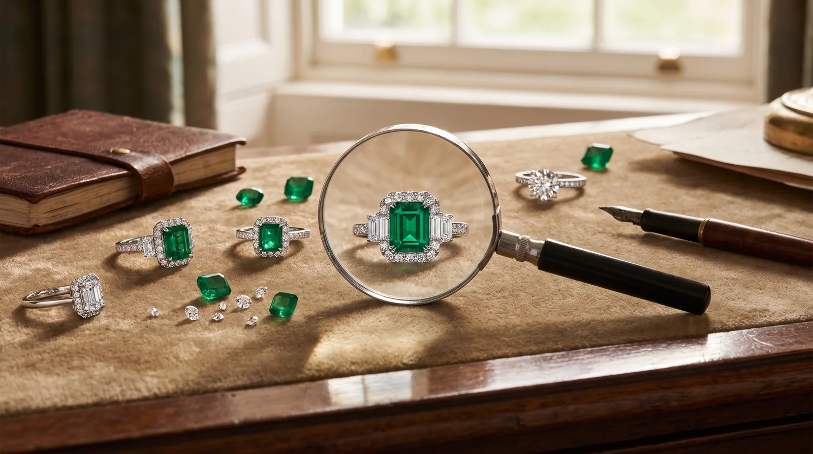 Emerald cut engagement rings displayed together, answering common questions about style, sizing, and diamond quality