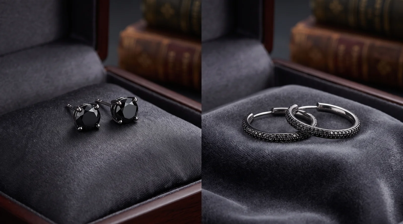Black diamond earrings comparison showing classic stud earrings beside hoop earrings styles