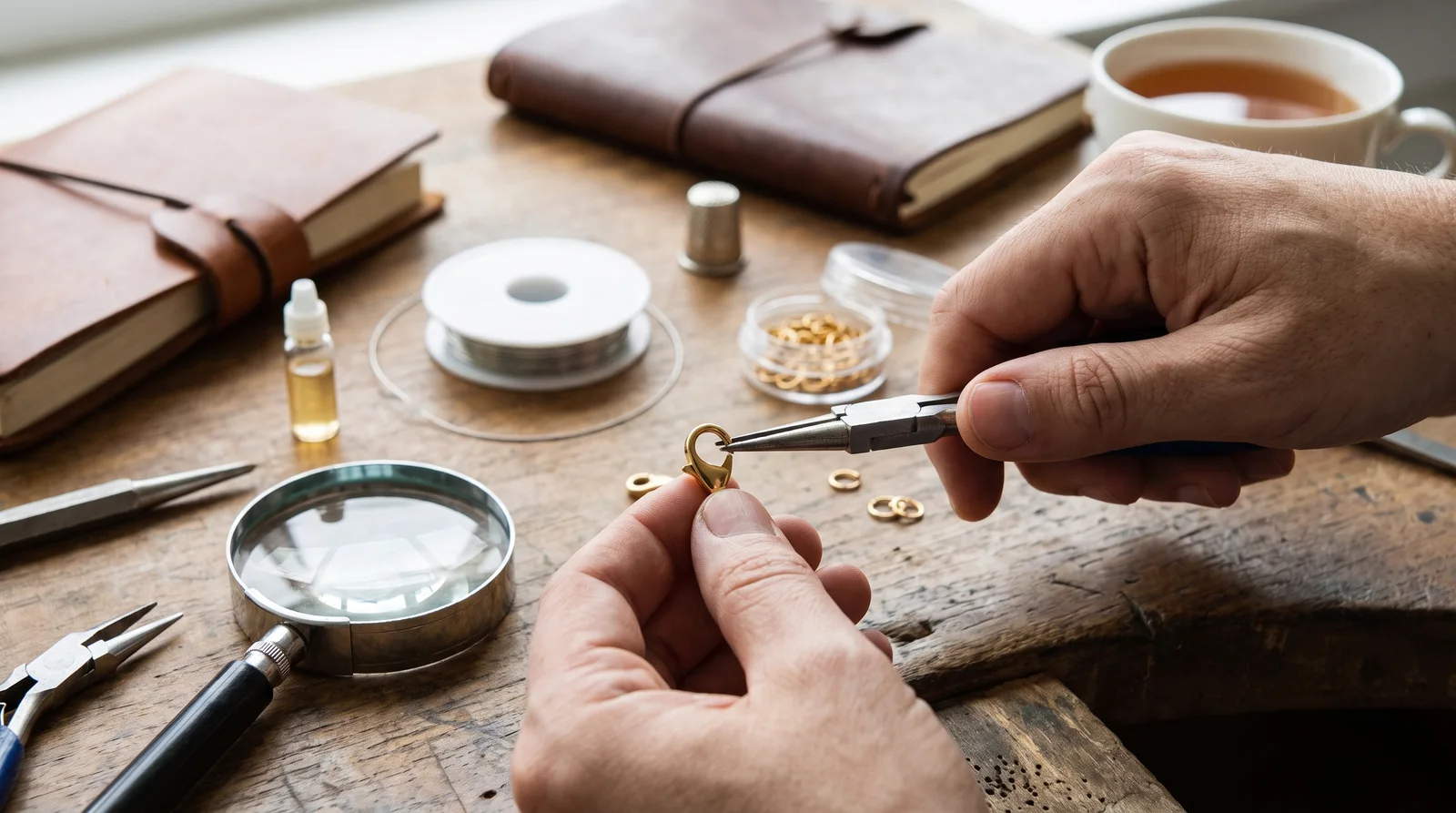Close-up of hands repairing a lobster clasp won't close on a gold necklace using needle-nose pliers