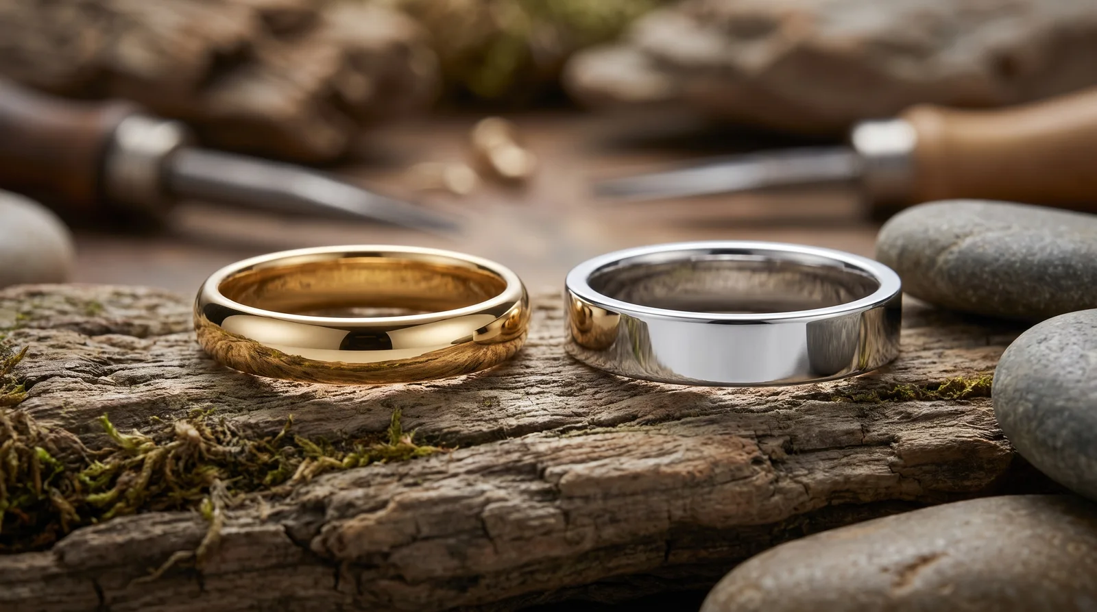 Gold and platinum plain wedding bands side by side, comparing metal tones for choosing your ring