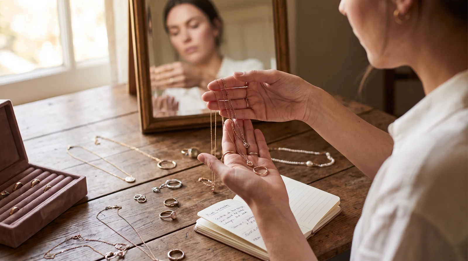 Guide showing how to choose jewelry for a first date, featuring necklaces, earrings, and rings