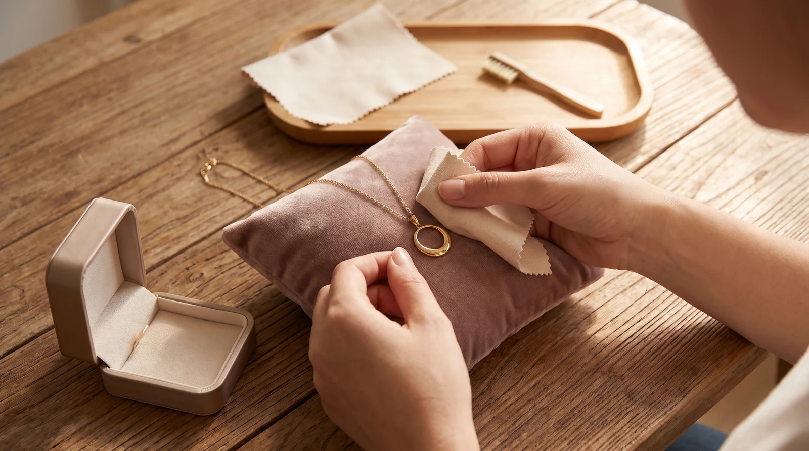 Gold engraved necklace being gently cleaned with a soft cloth to maintain shine and prevent tarnish