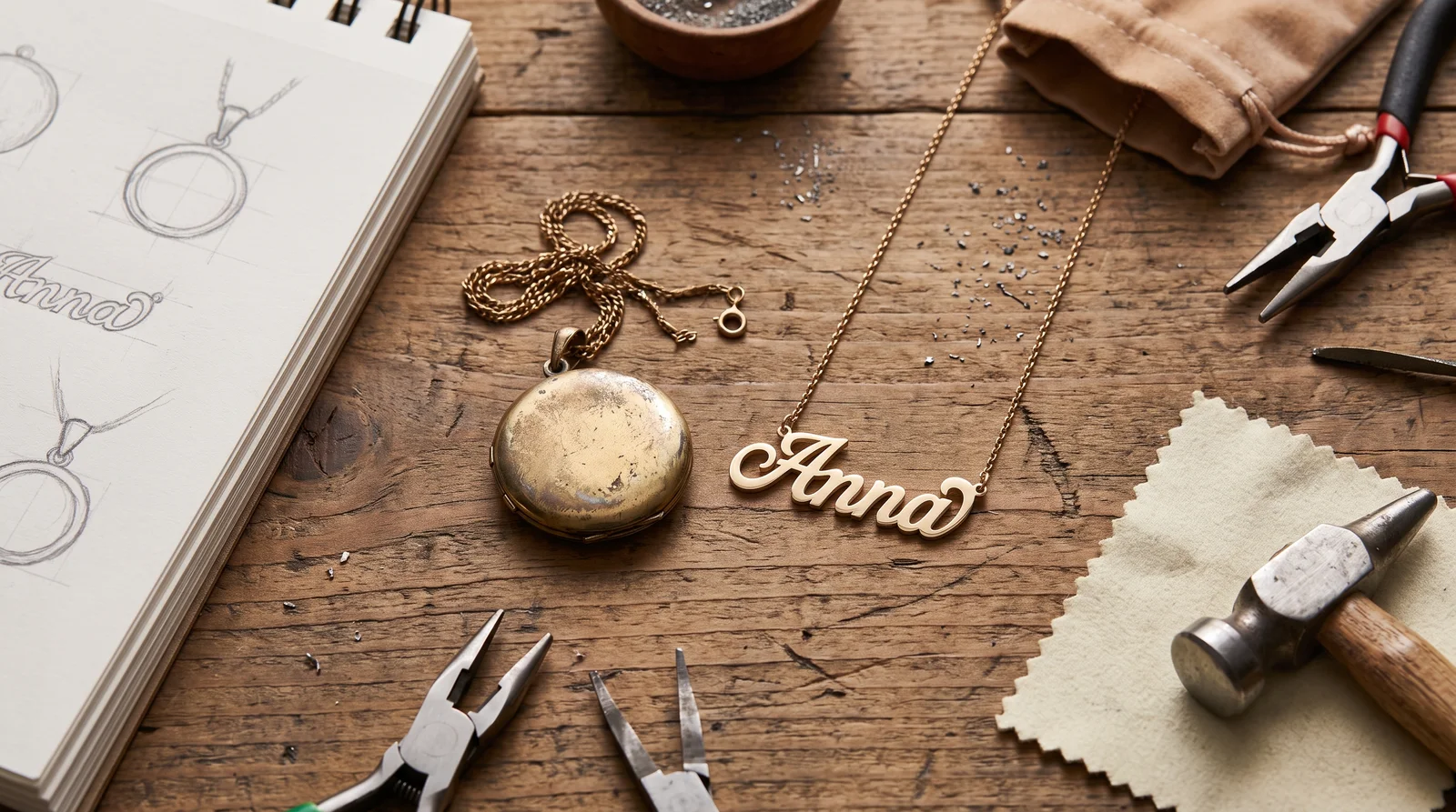 Old gold jewelry being melted and reshaped into a custom name necklace, showing Toronto price savings
