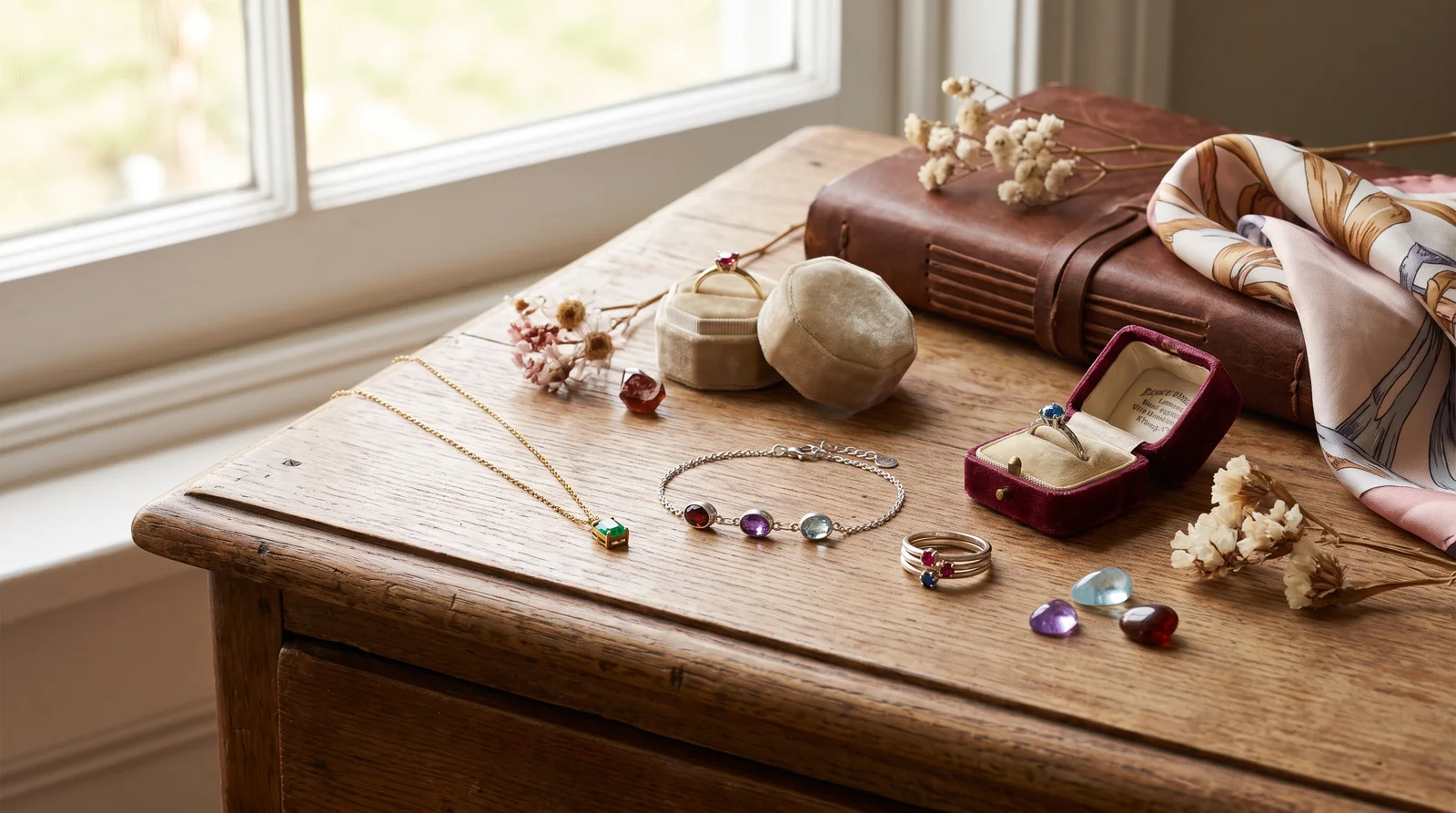 Birthstone jewelry gift ideas showing how to choose jewelry for a gift, with colorful gemstone rings and necklaces
