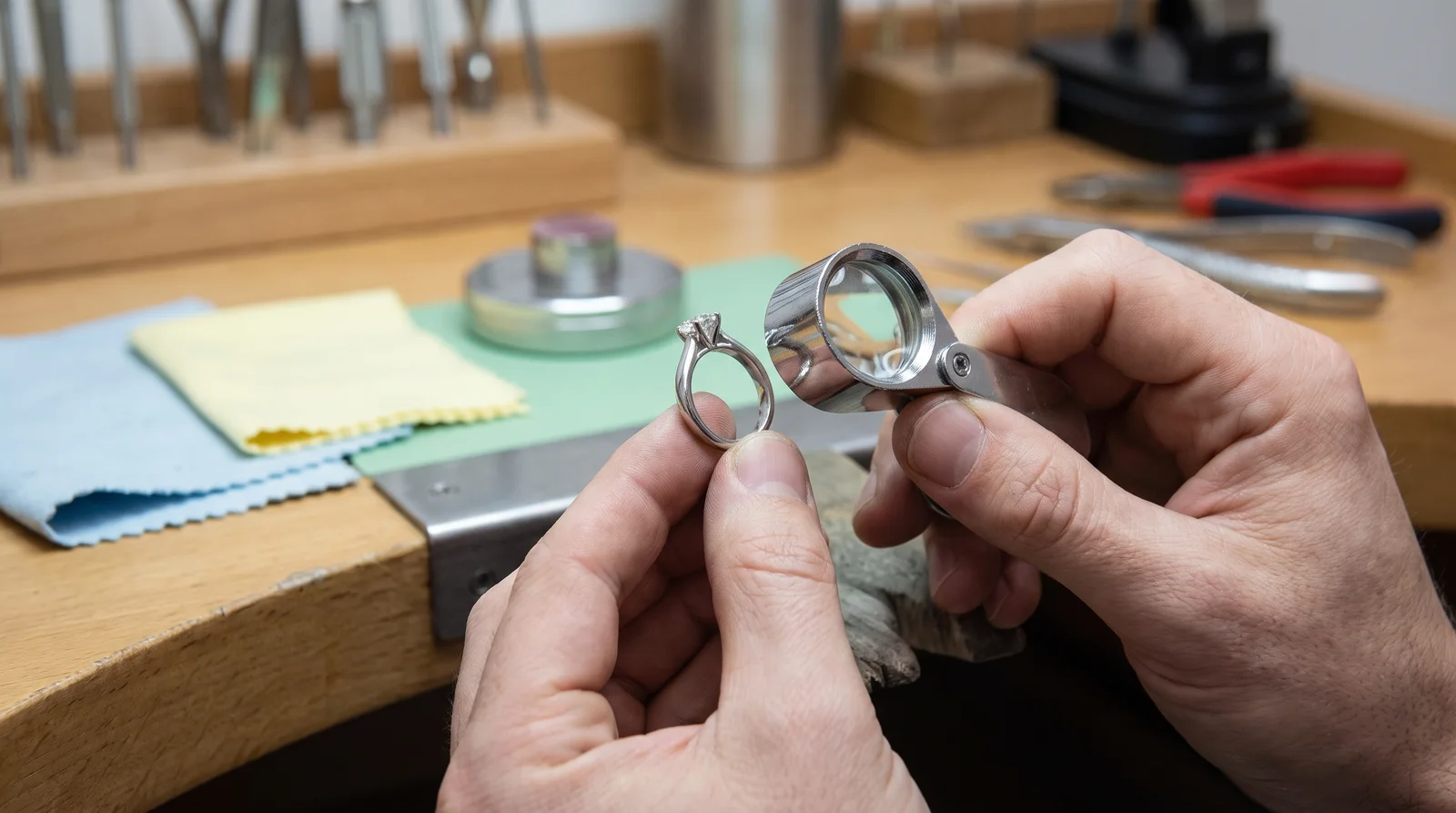 Jeweler inspecting resized ring for fit and finish, showing how much does it cost to resize a ring