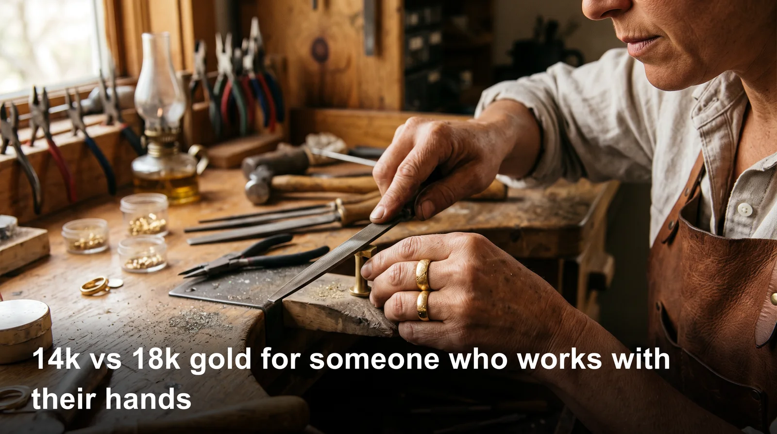 Comparing 14k vs 18k gold for daily wear rings on a worker's hands showing scratch-resistant durability
